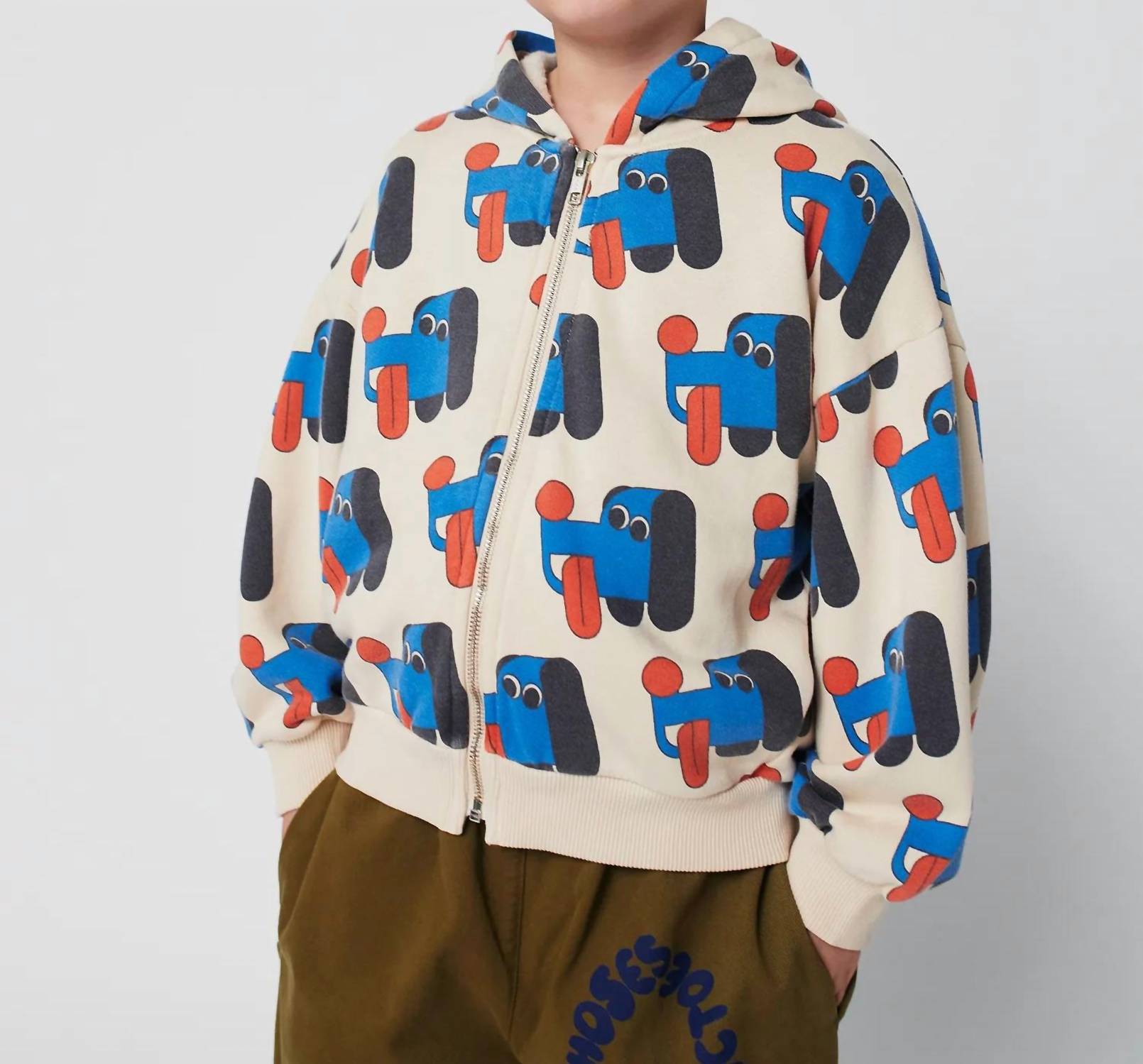 BOBO CHOSES Doggy Mate All Over Zipped Hoodie in off white - kids' shirt