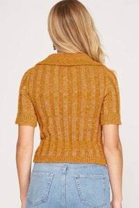 She + Sky - Collared Short Sleeves Cropped Knit Top