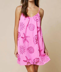 Lalavon - Ocean Sea Shell Embroidery Mini Dress