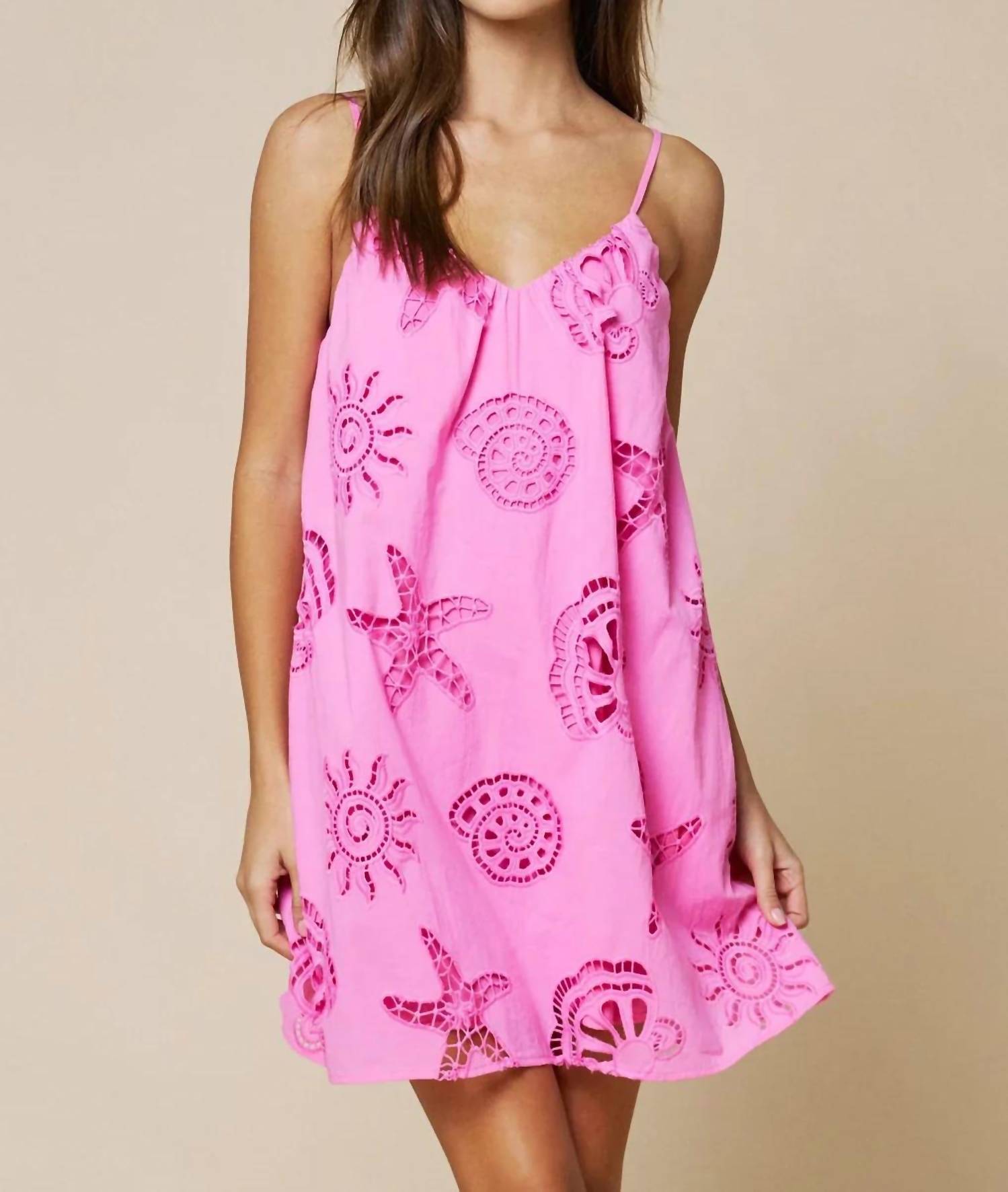 Lalavon - Ocean Sea Shell Embroidery Mini Dress