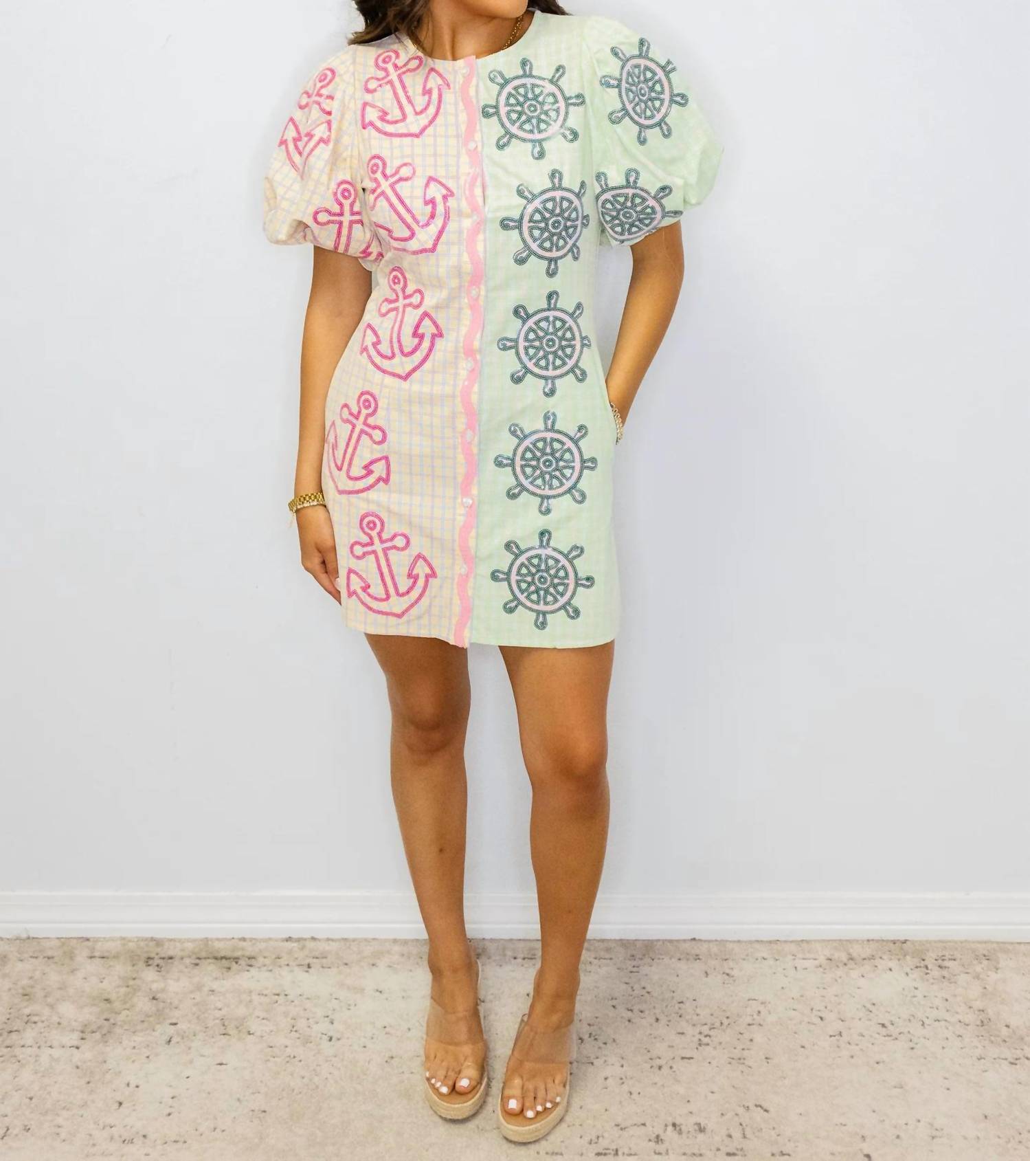 Queen Of Sparkles - Colorblock Plaid Anchor Button Up Poof Sleeve Dress