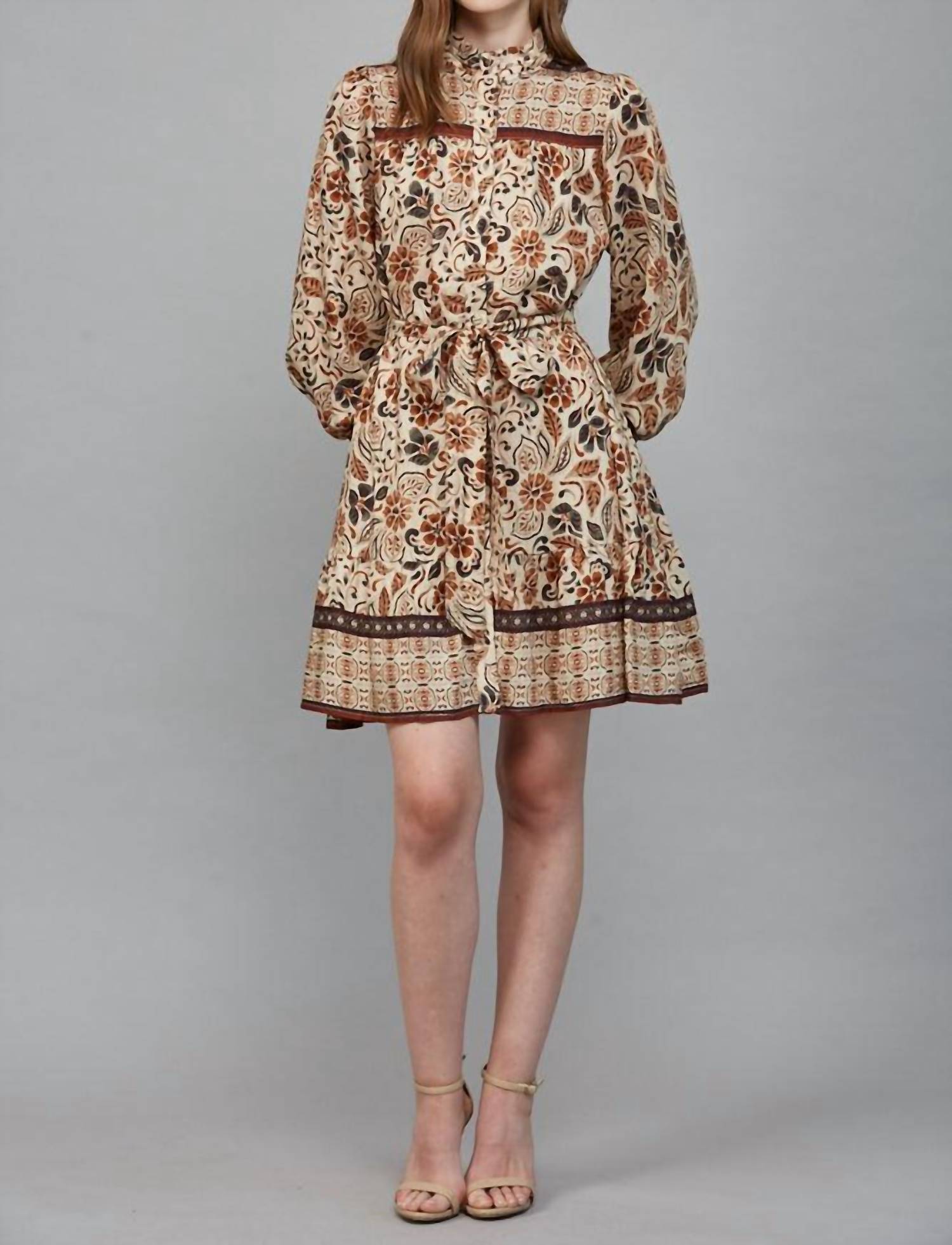 Fate Boho Tiered Long Sleeve Mini Dress in cream - women's dress