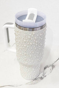 Nash Grey - Women's Pearl Studded Stainless Steel Tumbler With Handle - 40 Oz