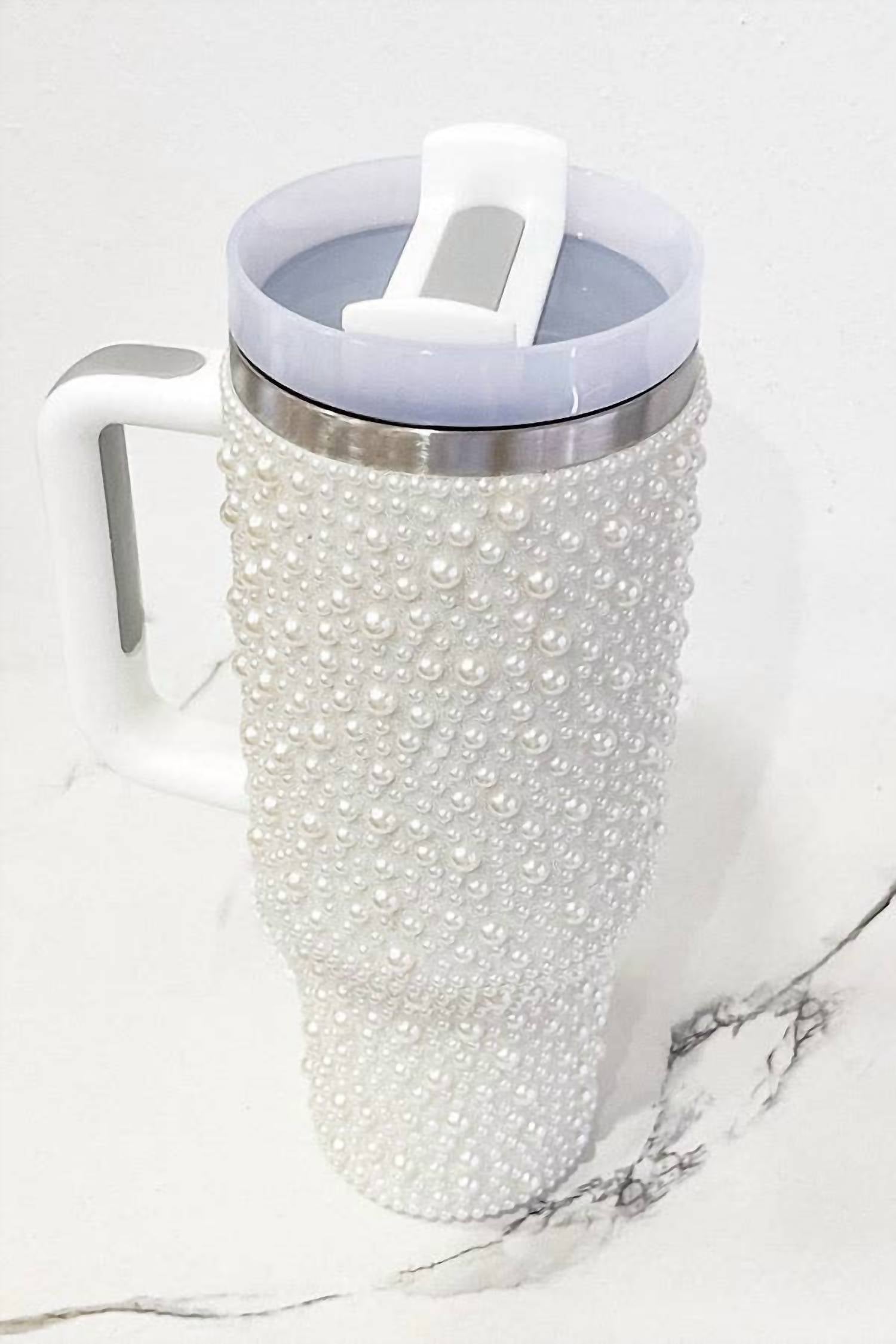 Nash Grey - Women's Pearl Studded Stainless Steel Tumbler With Handle - 40 Oz