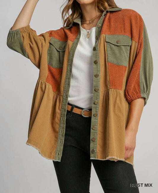 Umgee - Corduroy Color block Jacket With Front Pockets