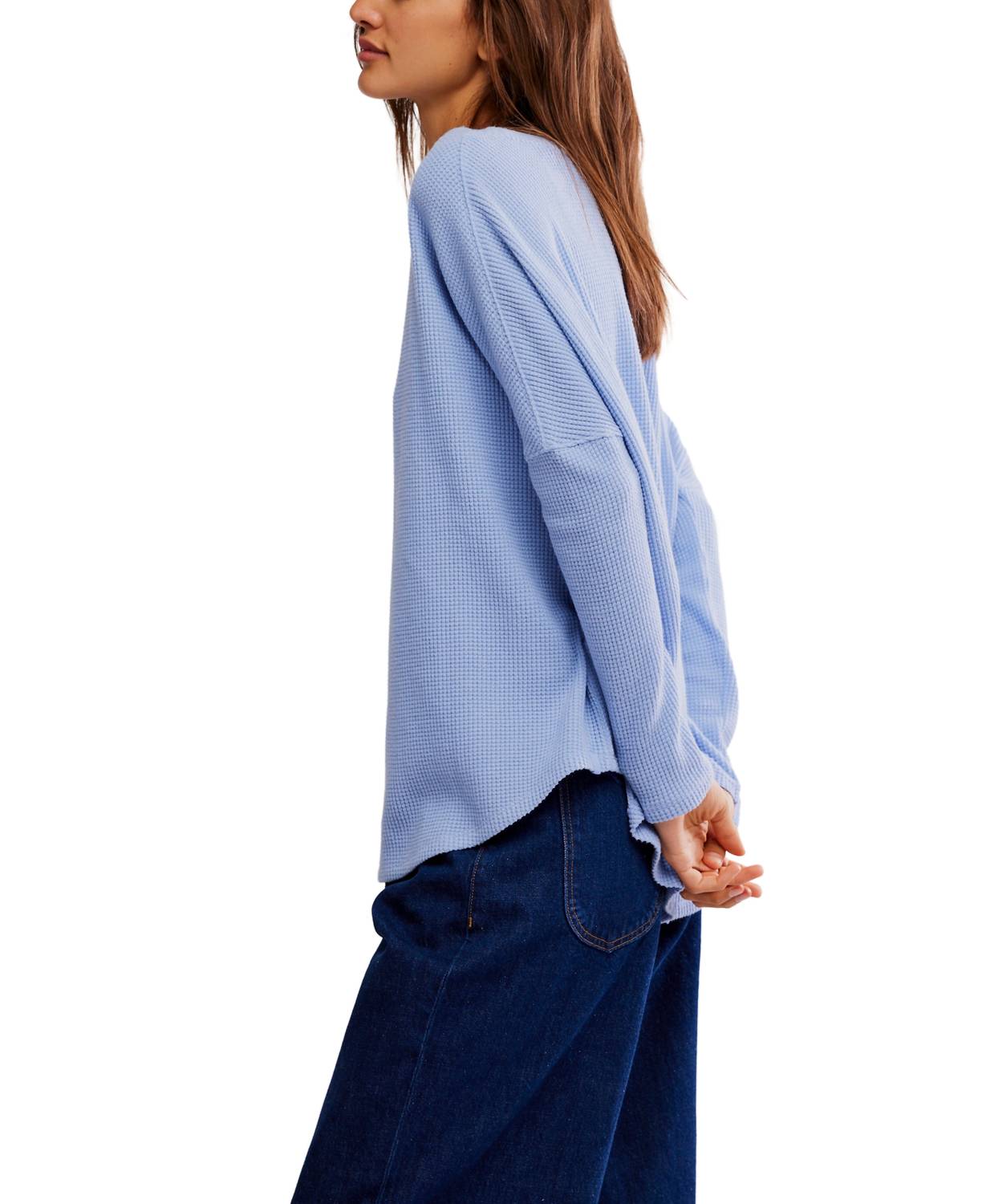 Free People Latte Thermal Tee in blue - women's long sleeve top - detail view