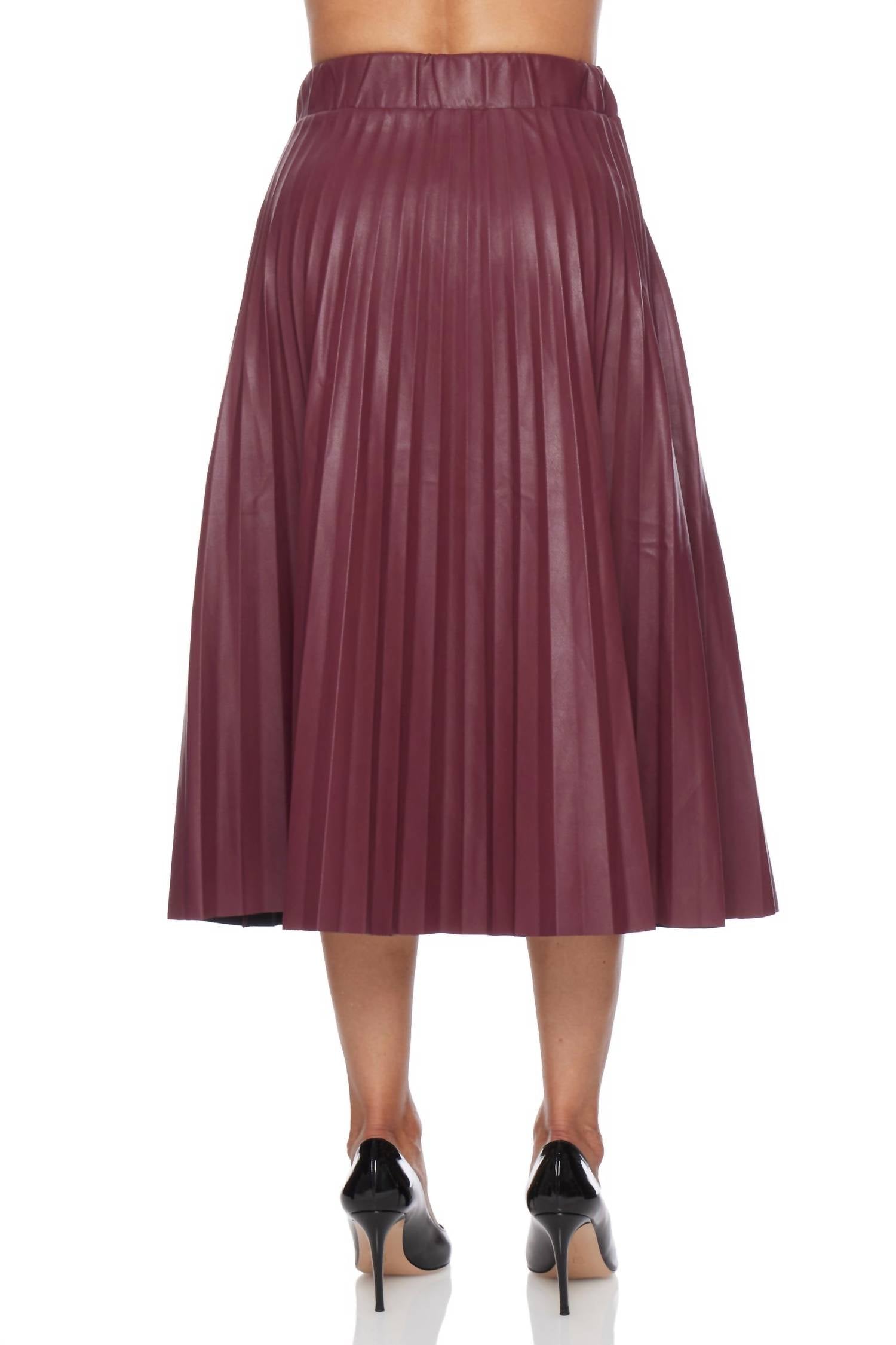 PINCH Pleated Pu Leather Skirt in burgundy - women's skirt - detail view