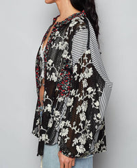POL Mixed Texture Patchwork Button Up Top in black - women's shirt - detail view