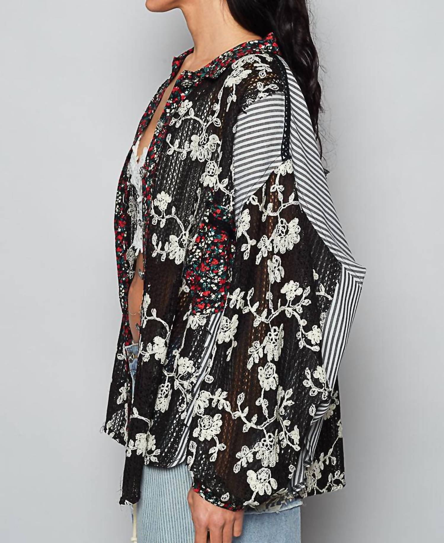 POL Mixed Texture Patchwork Button Up Top in black - women's shirt - detail view