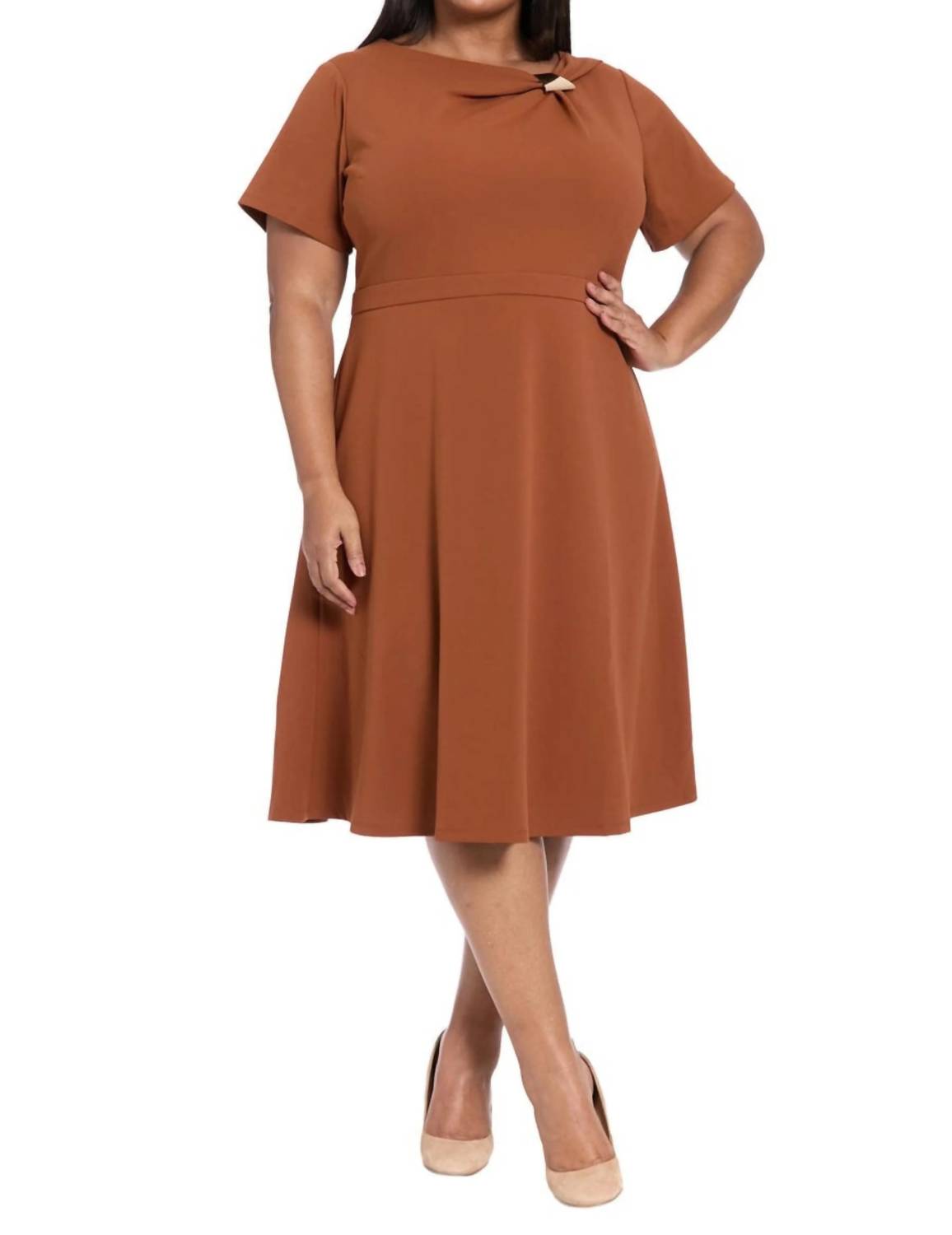 London Times - Short Sleeve A-Line Midi Dress
