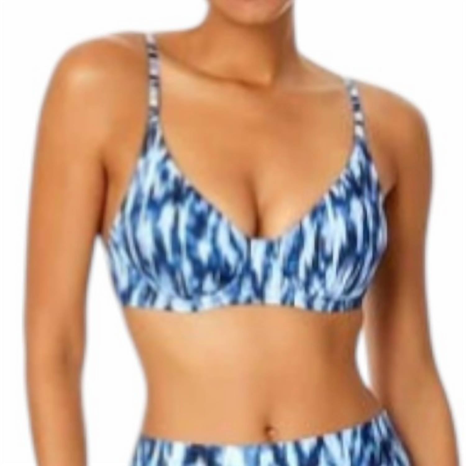 Anne Cole Tie Dye Ikat Elongated Triangle Underwire Bikini Swim Top in blue and white - women's swimwear - detail view