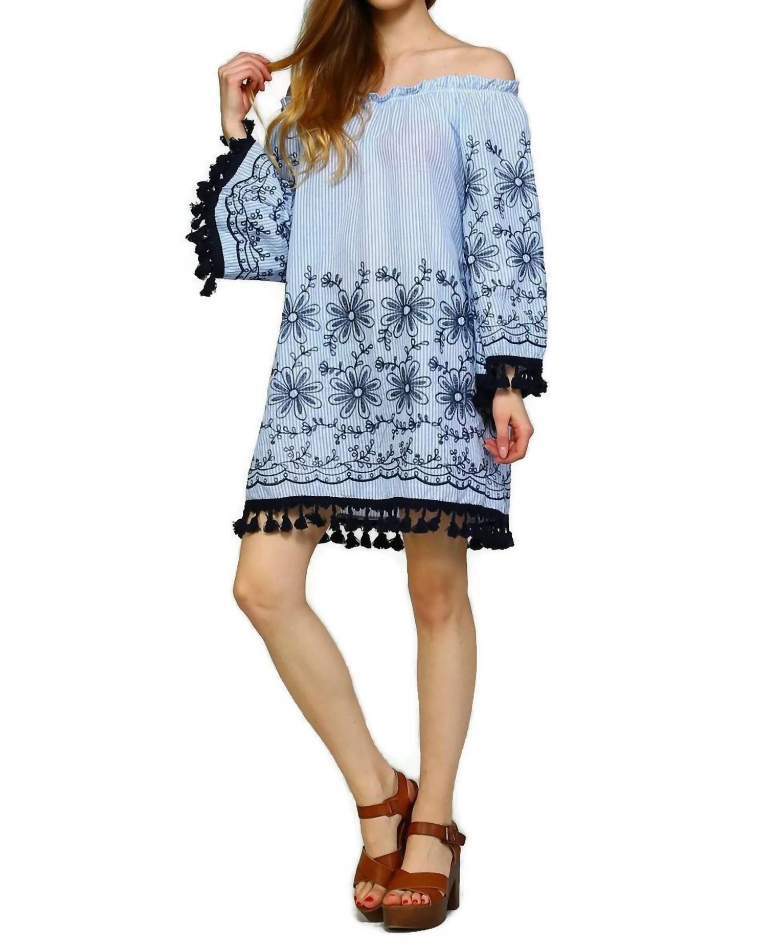 Velzera - Embroidered Off The Shoulder Tassel Mini Dress