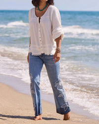 TRIBAL Cotton Gauze Balloon Sleeve Boho Blouse in white - women's blouse - view 5