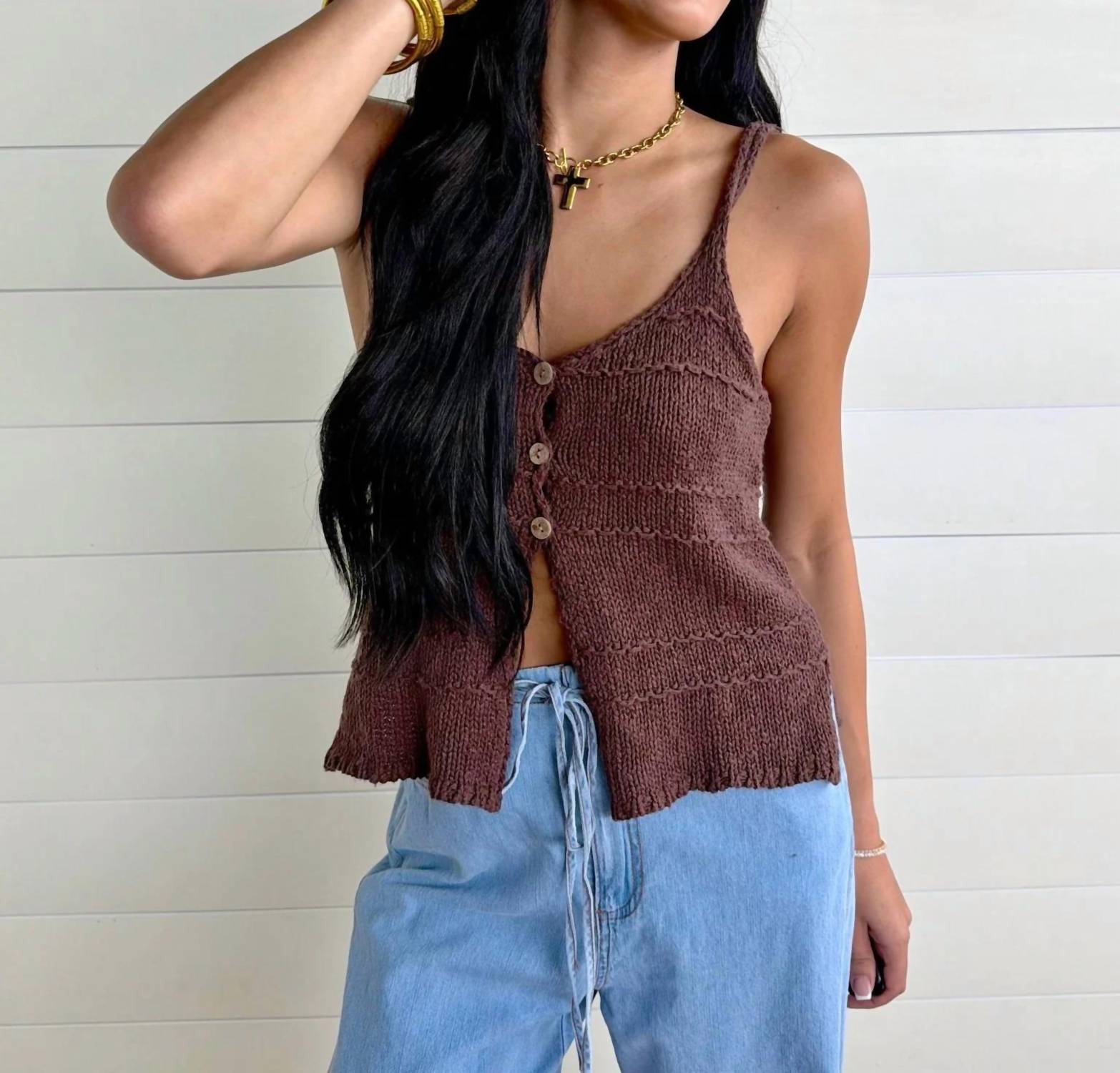 Mustard Seed - Women's Tiered Textured Button-front Sweater Knit Camisole