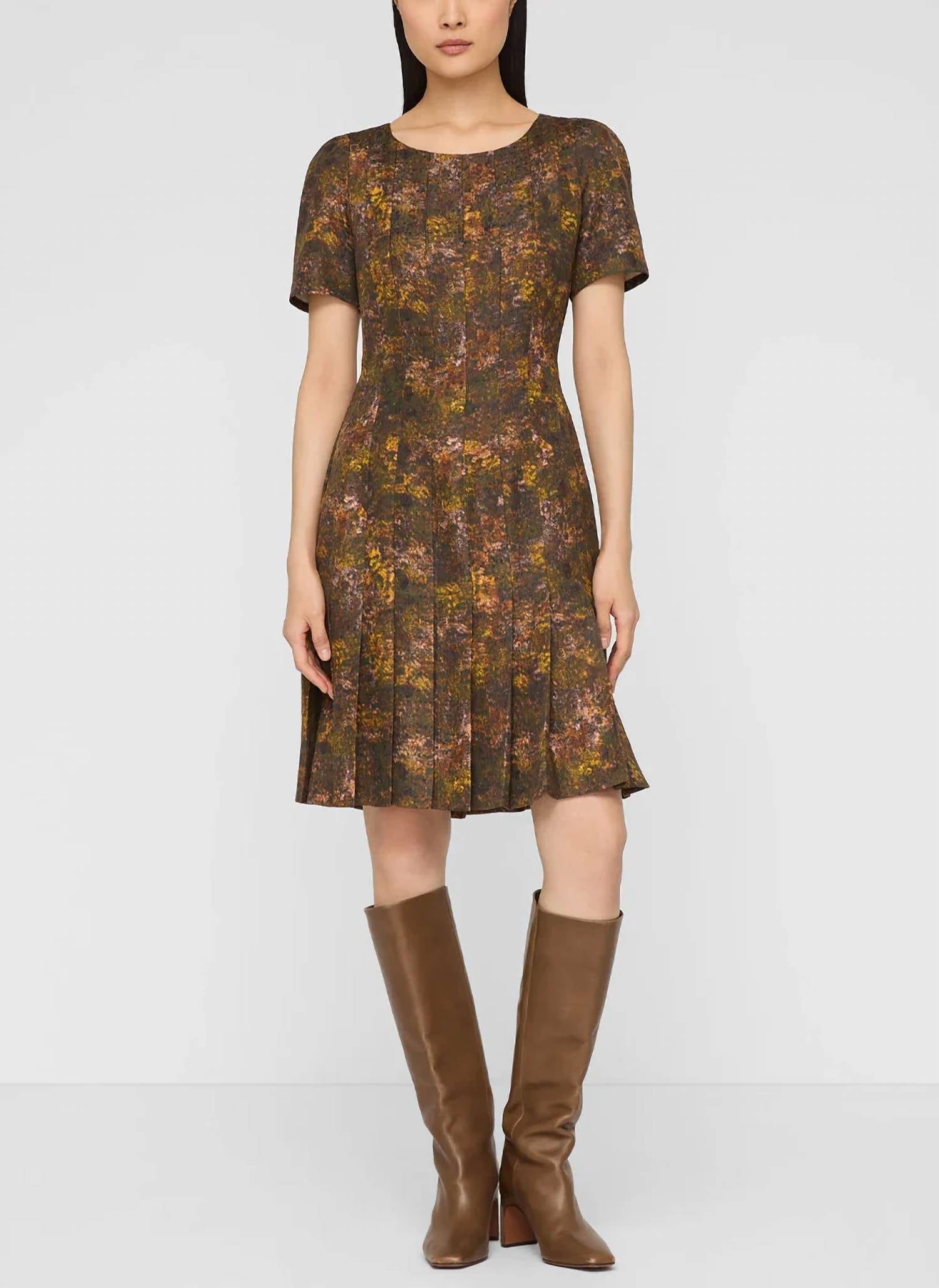 Lafayette 148 - Impression Print Silk-Wool Hand Pleated Short Sleeve Dress