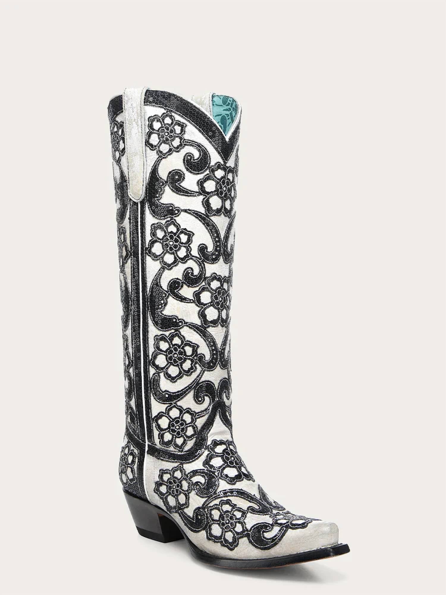 Corral - Women's Overlay Embroidery Sequins Snip Toe Tall Cowboy Boots