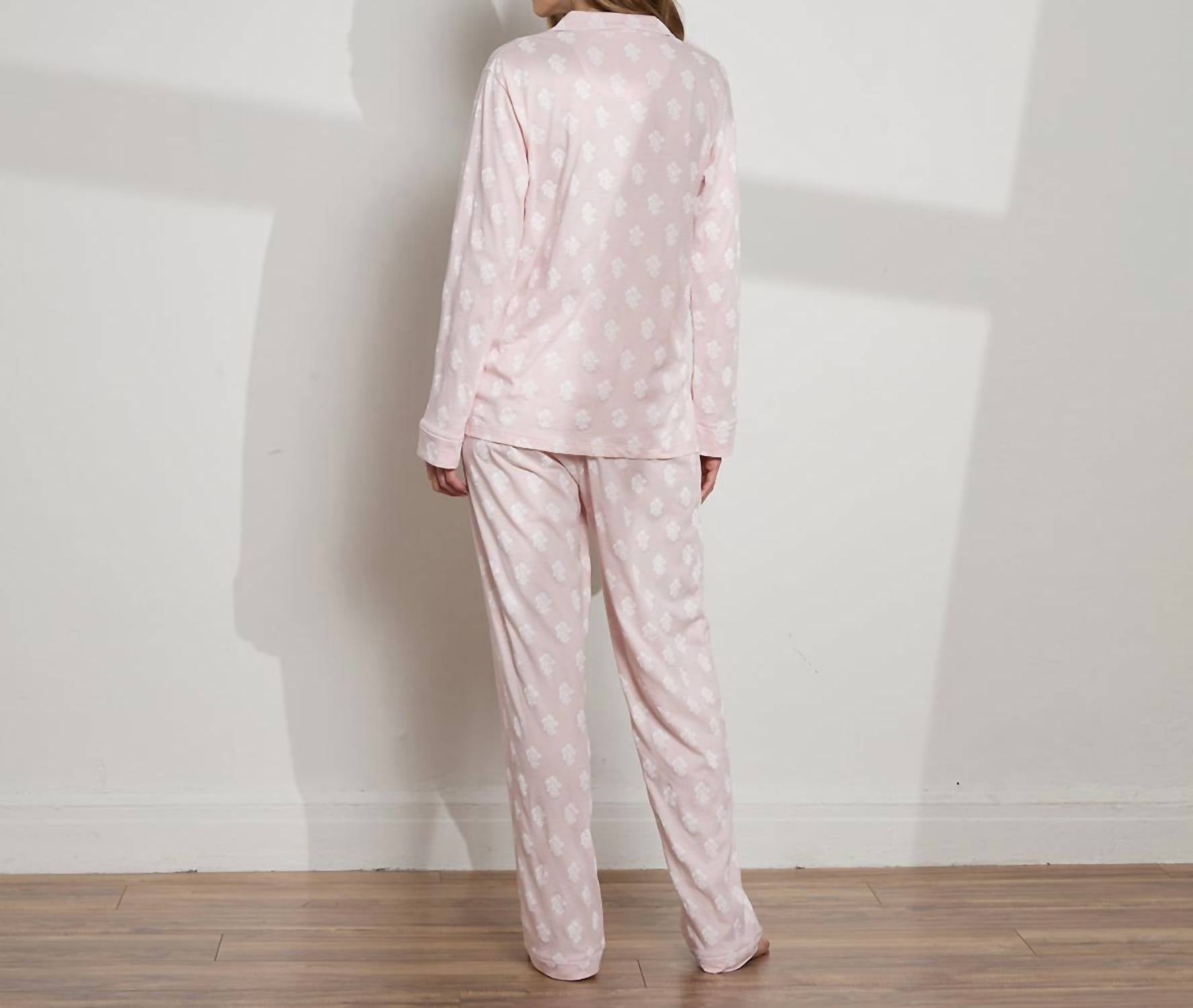 The Sleep Code Women's Printed Organic Pima Cotton Long Pj Set in rose quartz floral - women's item - detail view