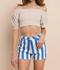 Wisteria Lane - Striped Distressed Denim Shorts