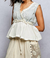 Pol - V-neck Ruffle Embroidery Sleeveless Woven Top