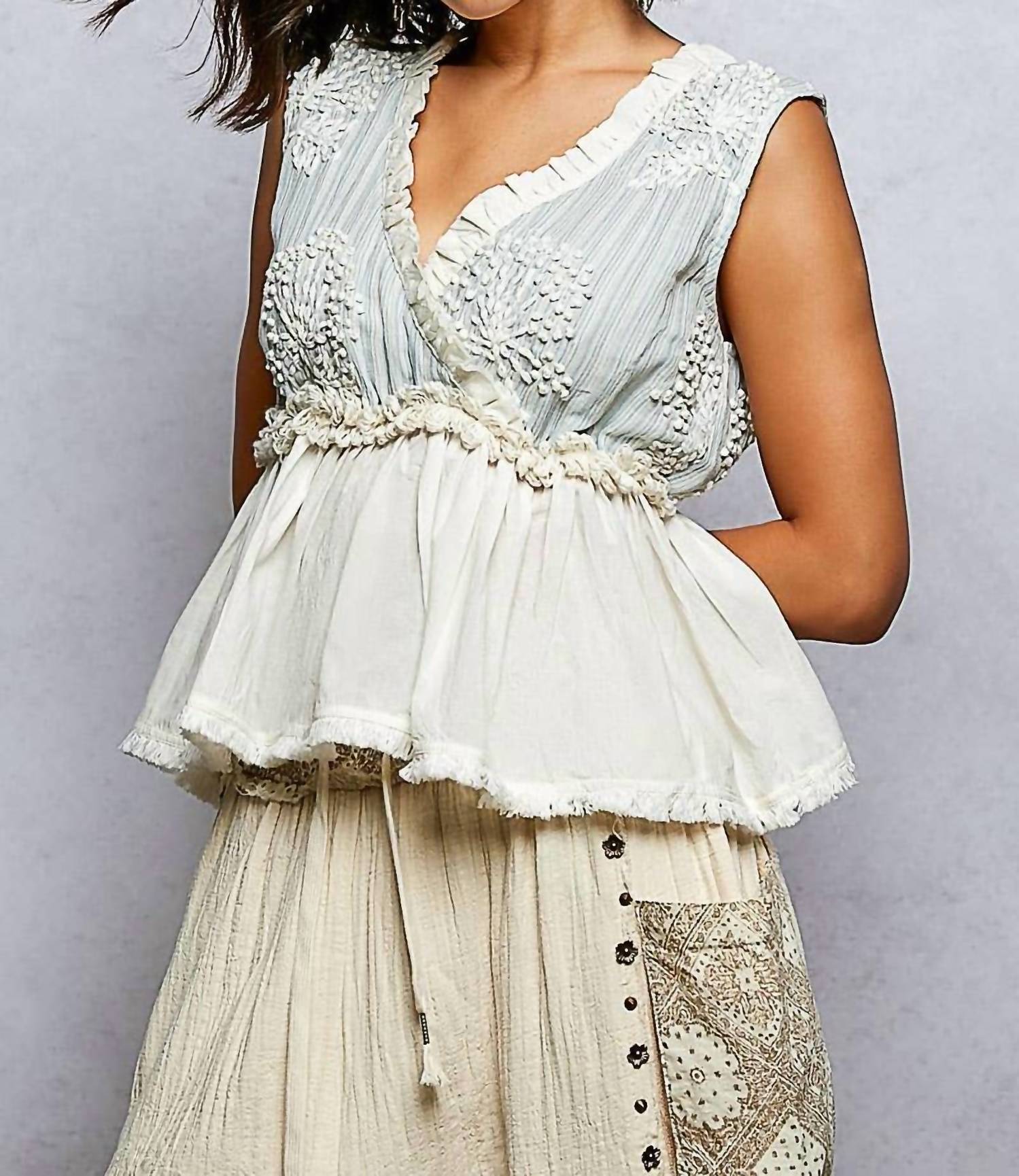 Pol - V-neck Ruffle Embroidery Sleeveless Woven Top
