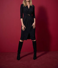 Joseph Ribkoff Ruched Front Slit V-neck Sheath Dress in black - women's dress - view 4