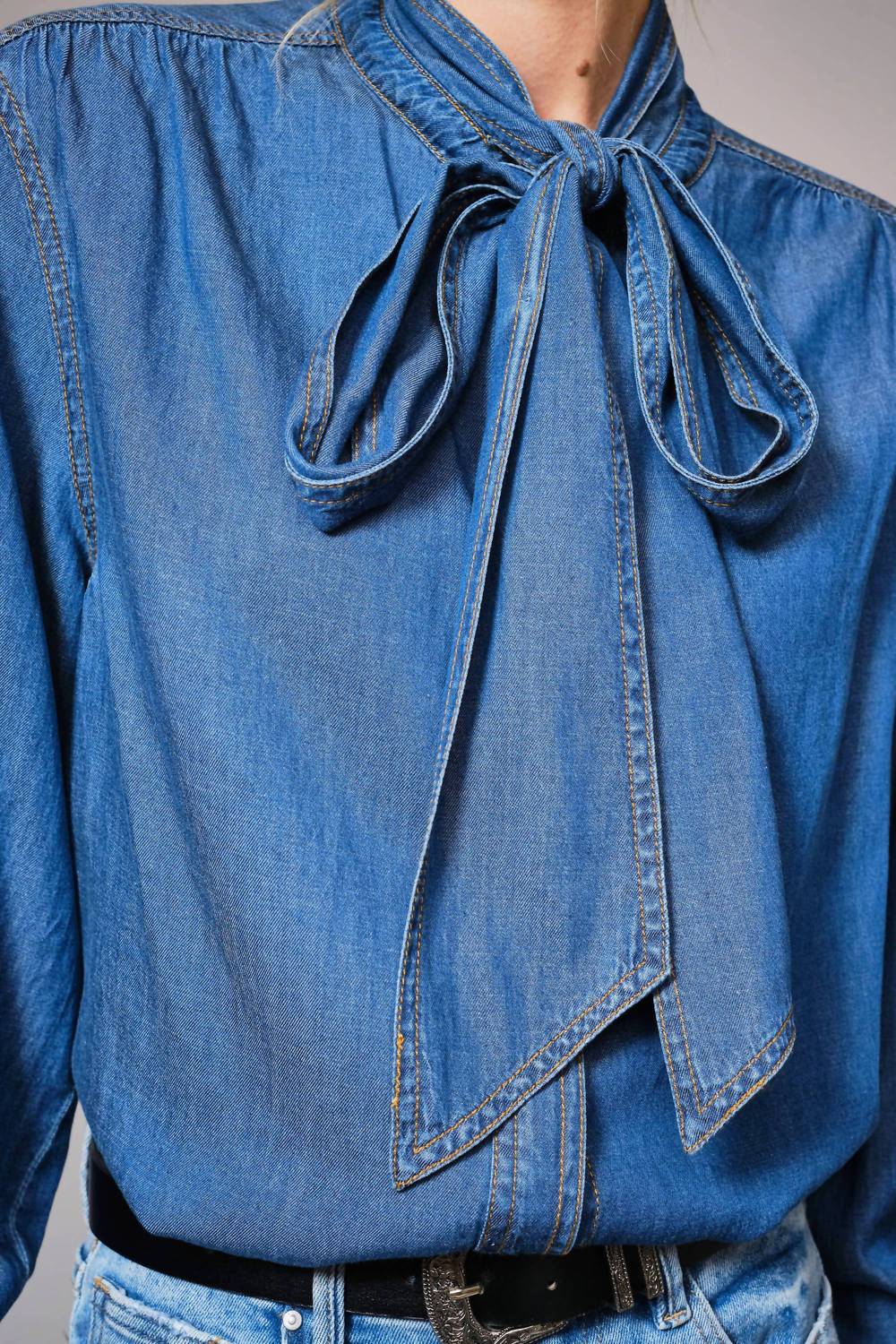 Blue B Tie Neck Hidden Button Chambray Blouse in blue - women's blouse - view 5