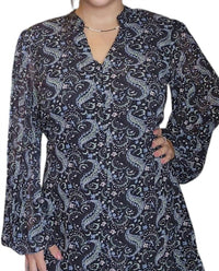 Papillon Printed Long Sleeve Dress With Tie Belt in black - women's dress - detail view
