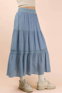 Very J - Tiered Layers Solid Woven Skirt With Lace Trim