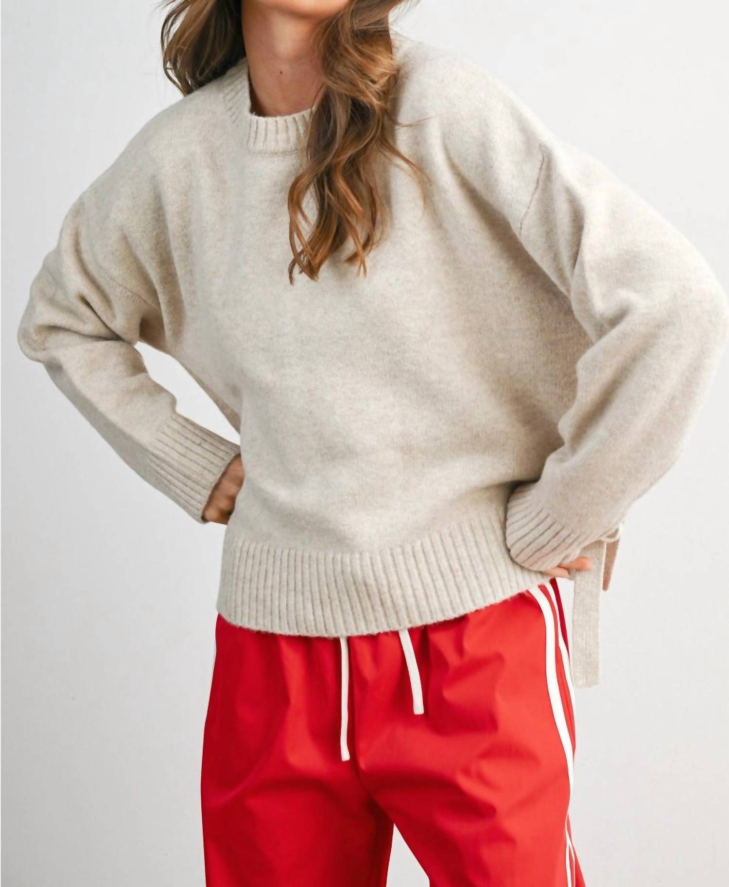Buttermelon Kennedy Tie Split-Hem Sweater in taupe - women's sweater