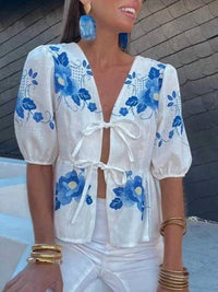 Rosa Clothing - Floral Front Tie Blouse