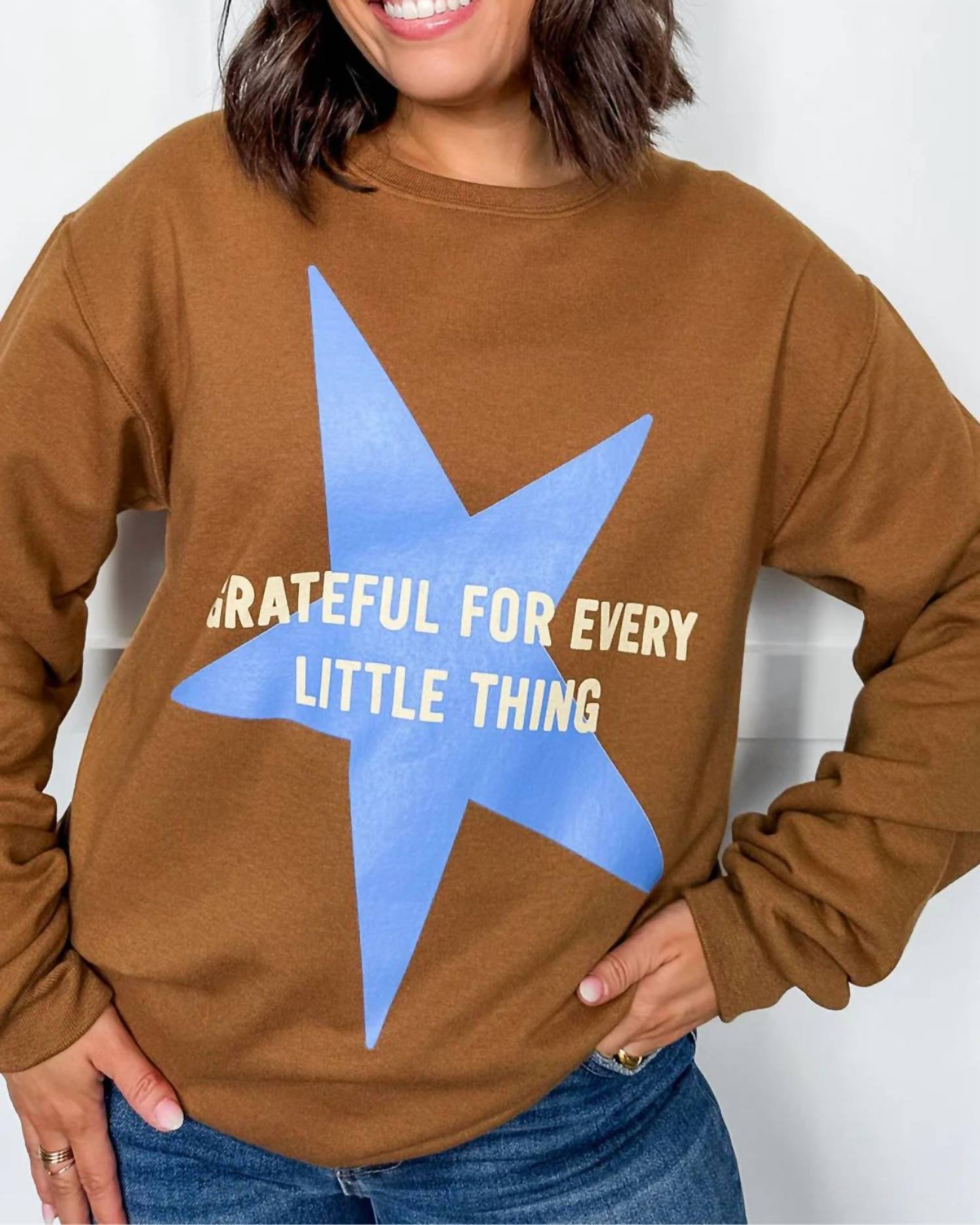 Moda Collection Grateful Every Little Thing Sweatshirt in brown - women's top - detail view