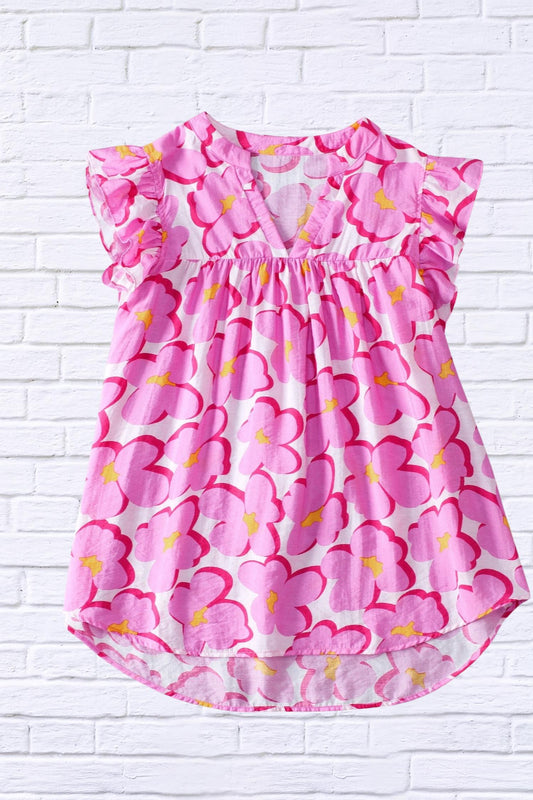 Trendsi - Tulip Ruffled Printed Notched Cap Sleeve Blouse