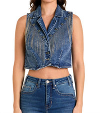 Rock & Roll Denim Cropped Fringe Vest in denim - women's blouse