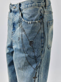 Birth Of Royal Child - Chain Ink Print & Fray Distressed Jeans