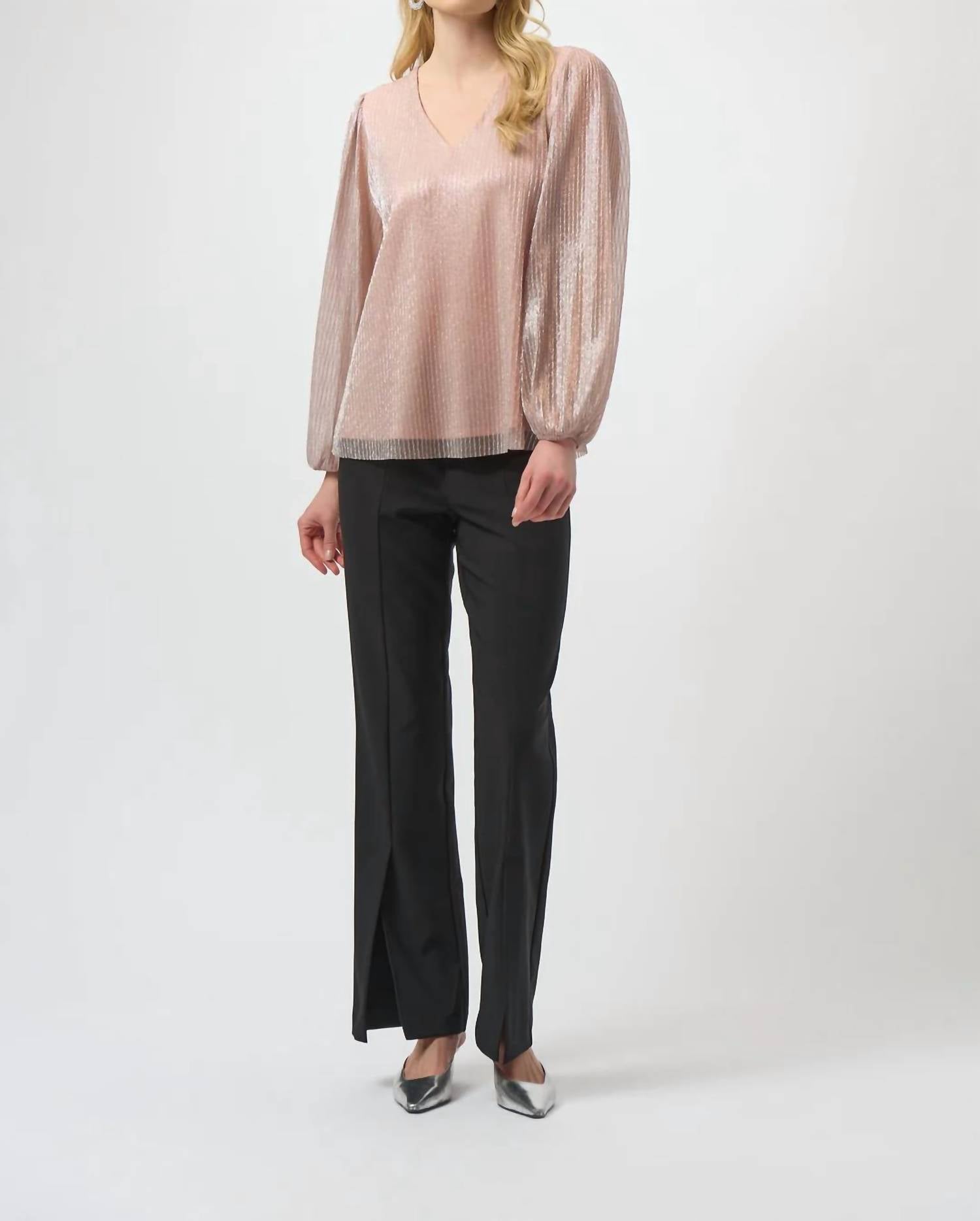 Joseph Ribkoff - V-neck Long Pleated Puff Sleeves Top