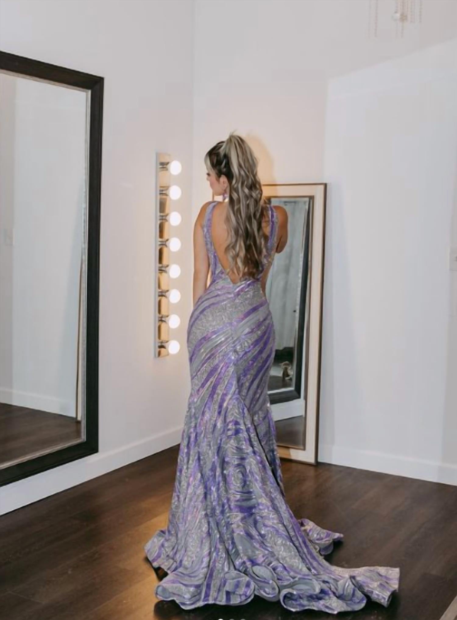 JOVANI Sequin Mermaid Prom Dress in silver lilac - women's dress - alternate view