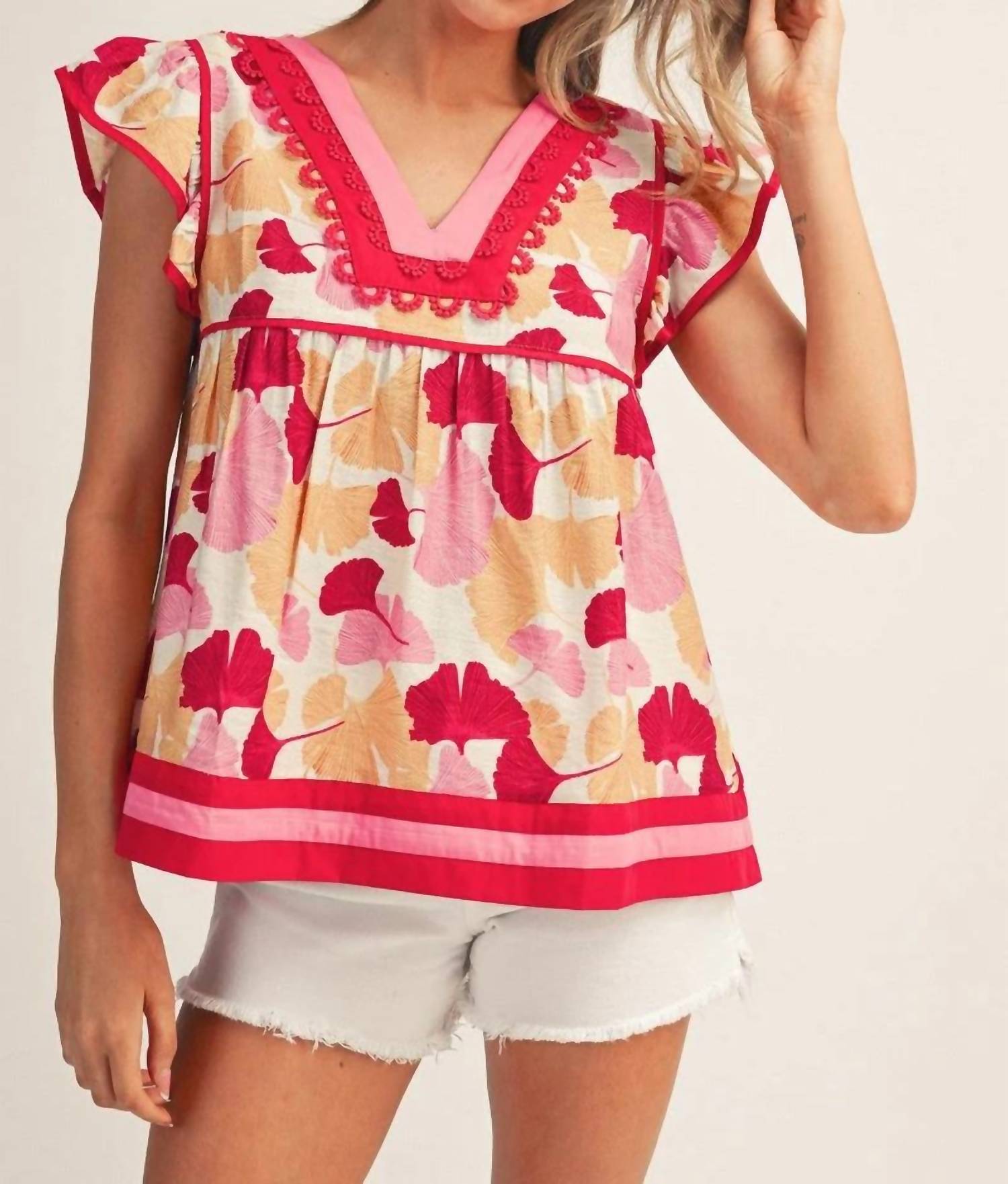 Jodifl - Flutter Sleeves Blooming Blush Babydoll Blouse