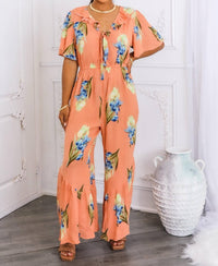 Surelymine - Peach Floral Ruffle Jumpsuit Wide-leg Summer One-piece