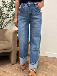 VERVET BY FLYING MONKEY High Rise Baggy Wide Leg Jeans in med wash - women's jeans - detail view
