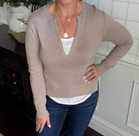 Elan - Sally Two-tone V-neck Sweater Top