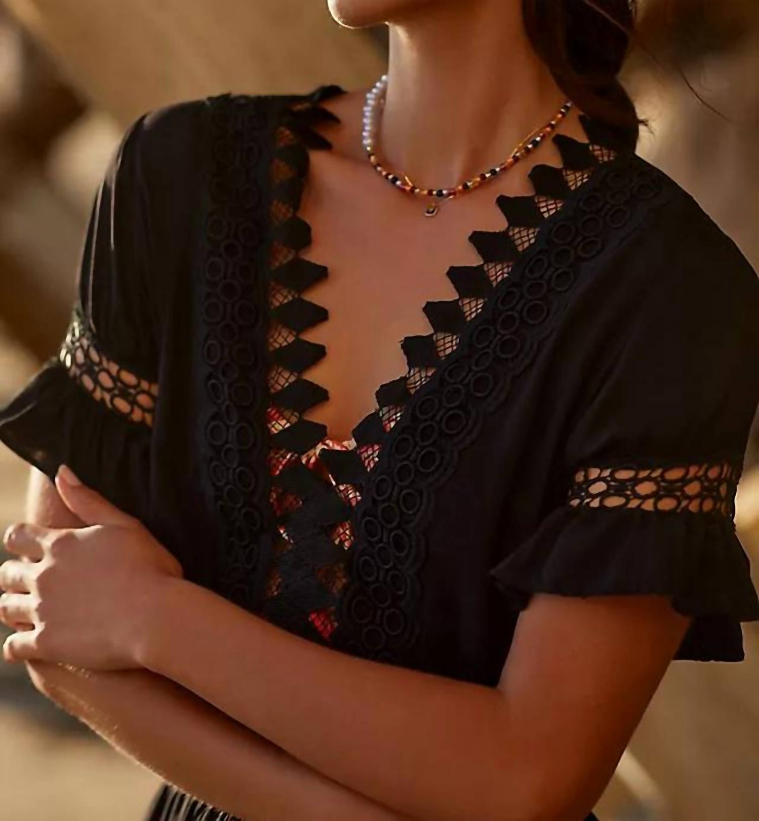 peixoto Embroidered Lace Cover-up Mini Dress in black - women's dress - detail view