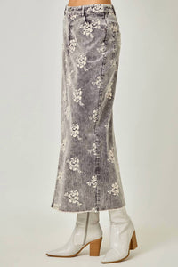 Mystree - Embroidered Front Slit Corduroy Midi Skirt