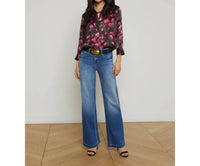 L'Agence Dani 3/4 Sleeve Silk Blouse in black pink rosa chinensis - women's blouse