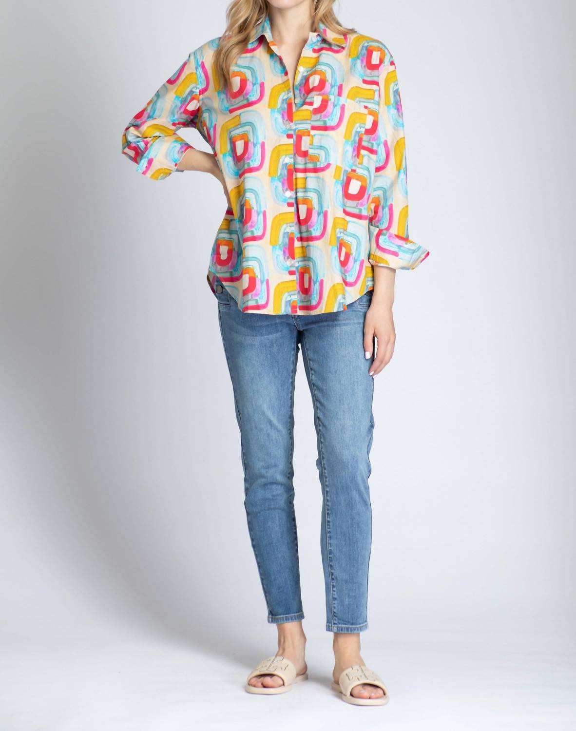 APNY Blocks Of Color Print Button-up Shirt in multi - women's shirt - view 4