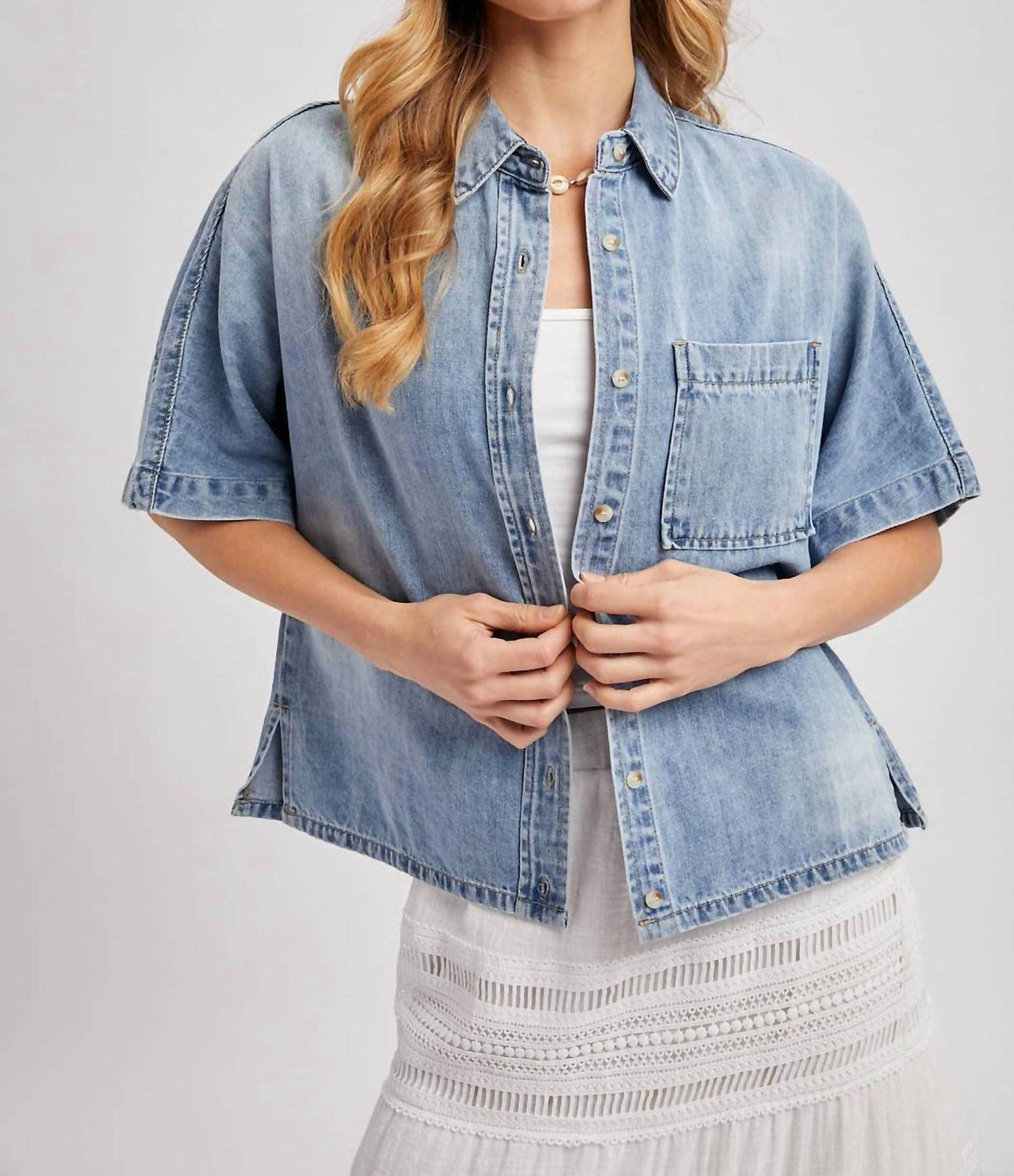 Bluivy - Women's Denim Button Down Short Sleeve Boxy Shirt