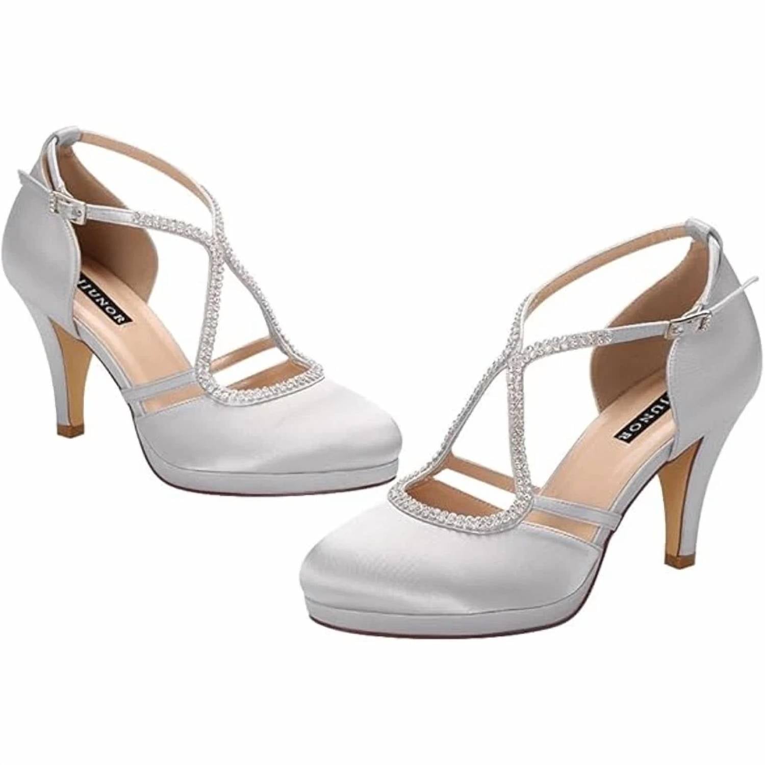 Erijunor - Women's Satin Rhinestone Ankle Strap Heels