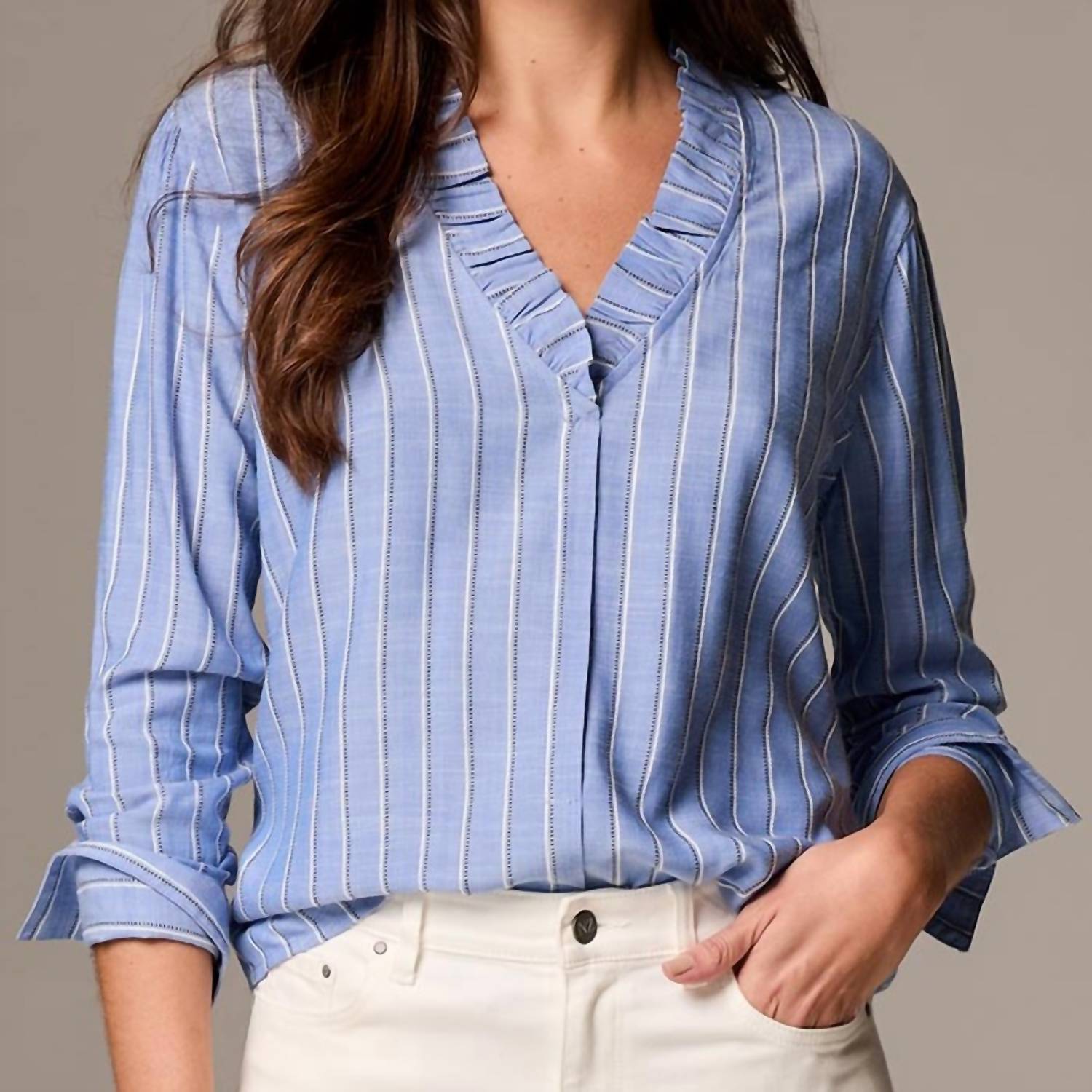 Nic + Zoe Striped Ruffled Around blouse in blue multi - women's blouse