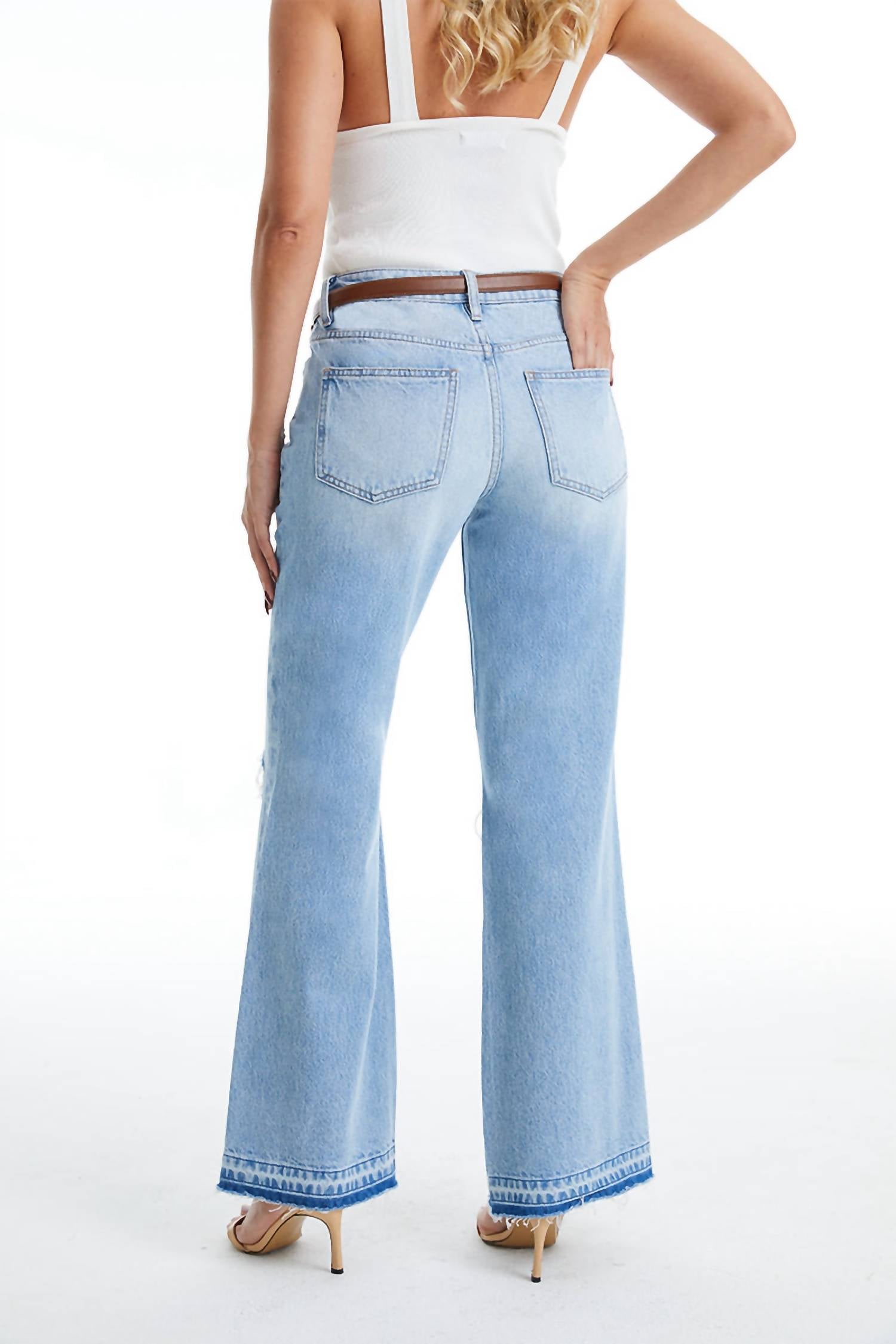 Bayeas - High Rise Distressed Bootcut Raw Hem Jeans