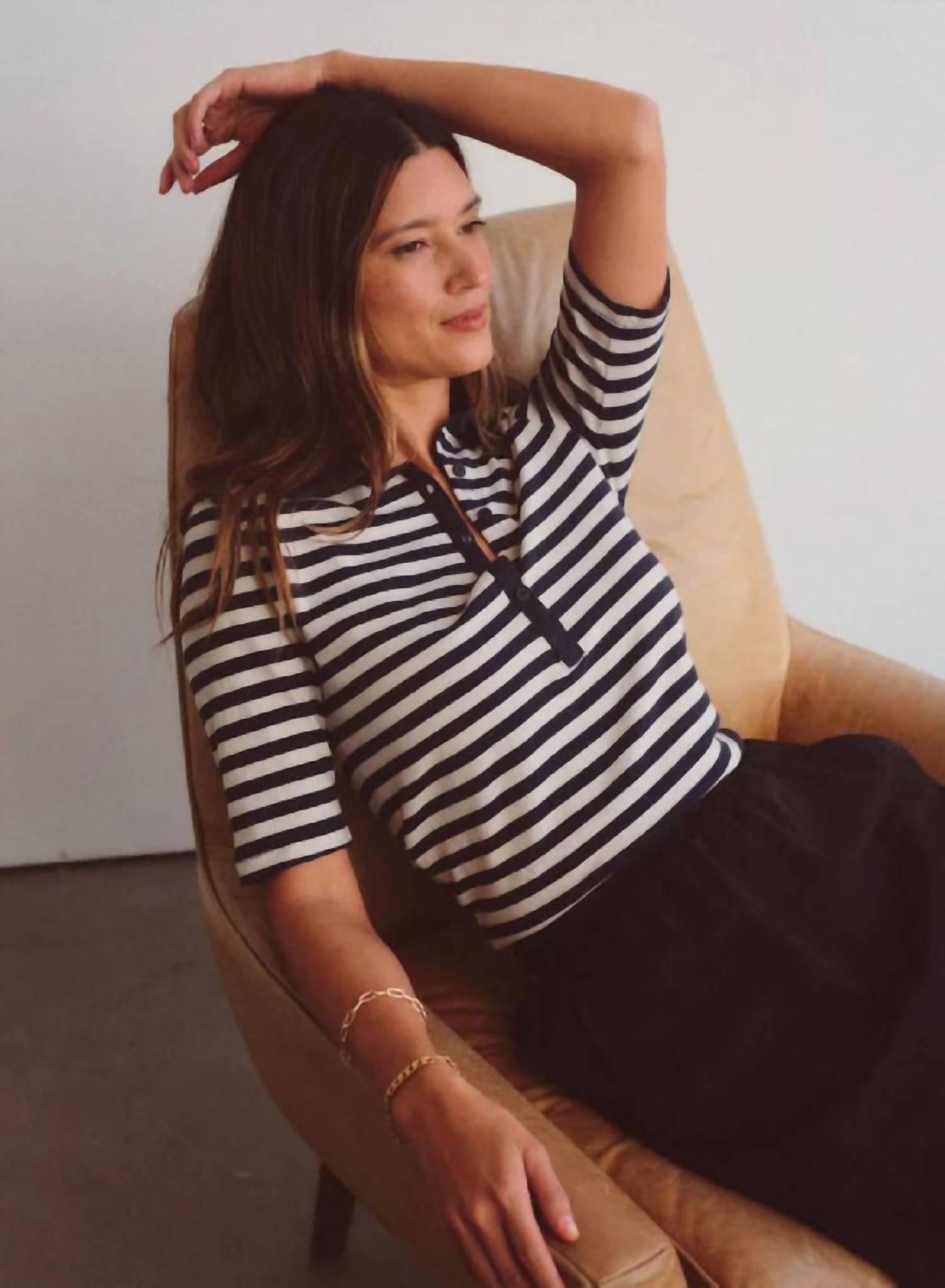 STATESIDE Preppy Stripe Polo Top in cream - women's t-shirt - alternate view