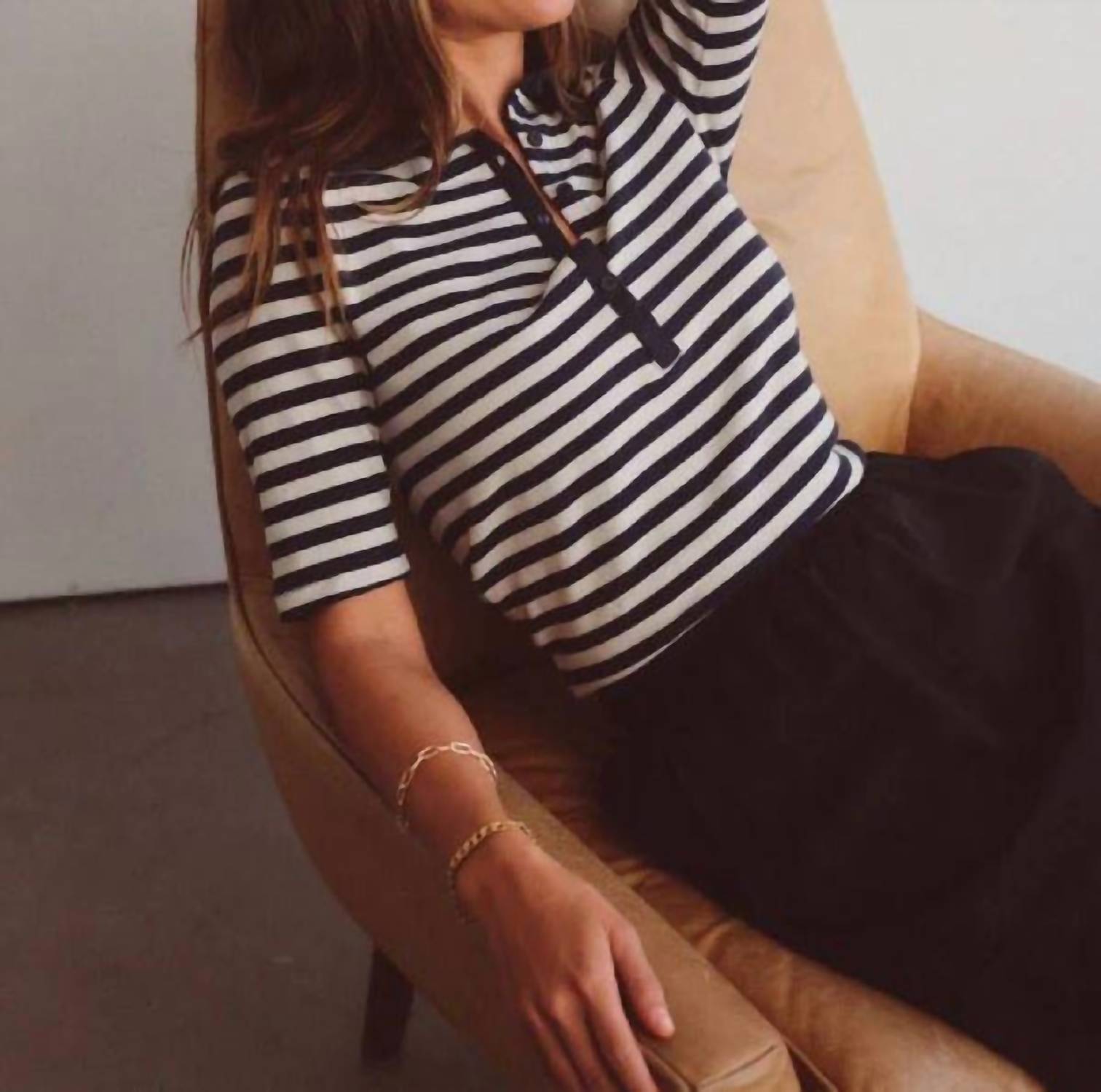 STATESIDE Preppy Stripe Polo Top in cream - women's t-shirt - detail view